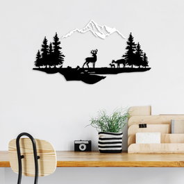 Wallity Deer And Landscape - 2 Escultura de Pared de Metal Blanco y Negro